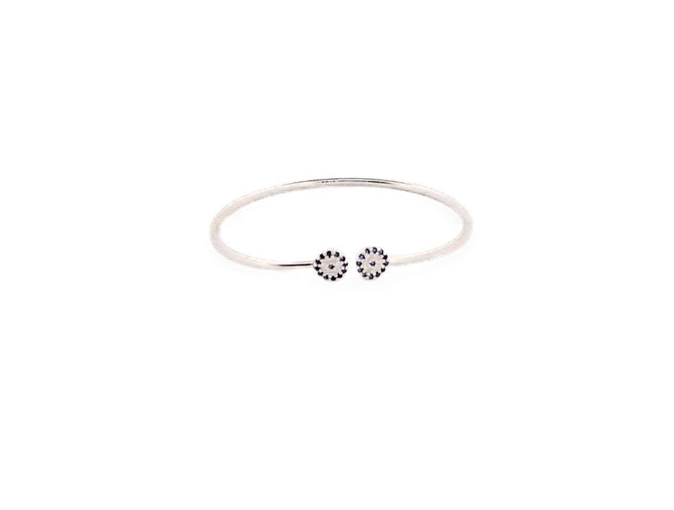 Evil Eye Bracelet – Silver Bangle with Blue Zirconia, Dainty Open Cuff for Protection