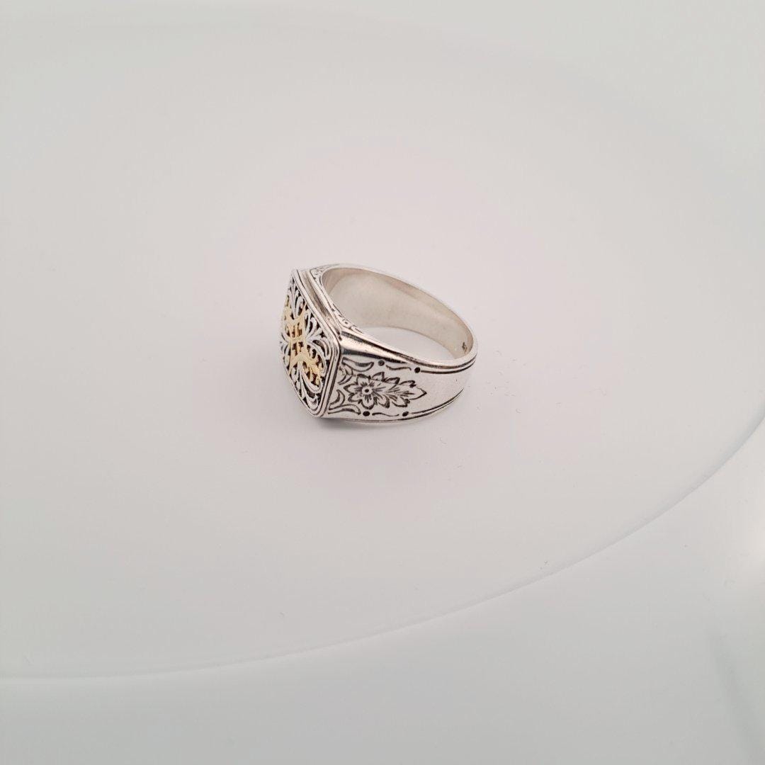 Byzantine Silver Ring – Gold Plated Band With Ornate Cross And Scrollwork Design