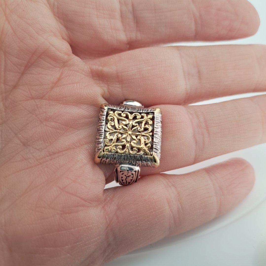 Byzantine Style Ring - Ornate Filigree Design Two Tone Square Face Band