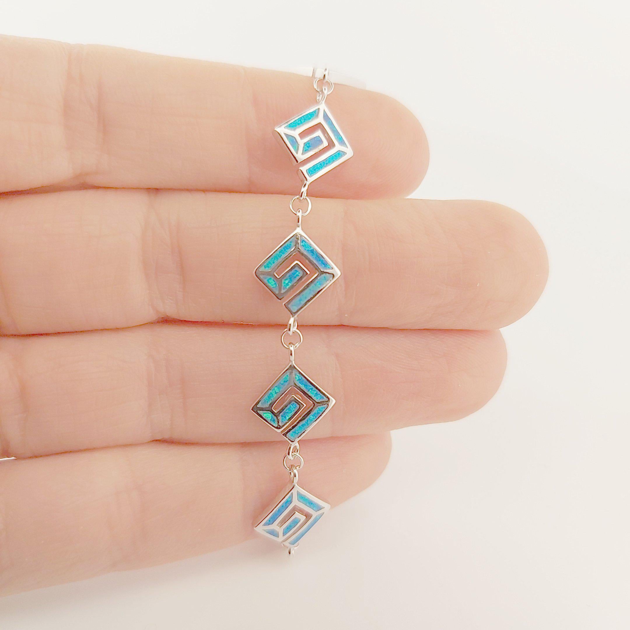 Greek Key Blue Opal Sterling Silver Bracelet, Meander Design, 925 Silver