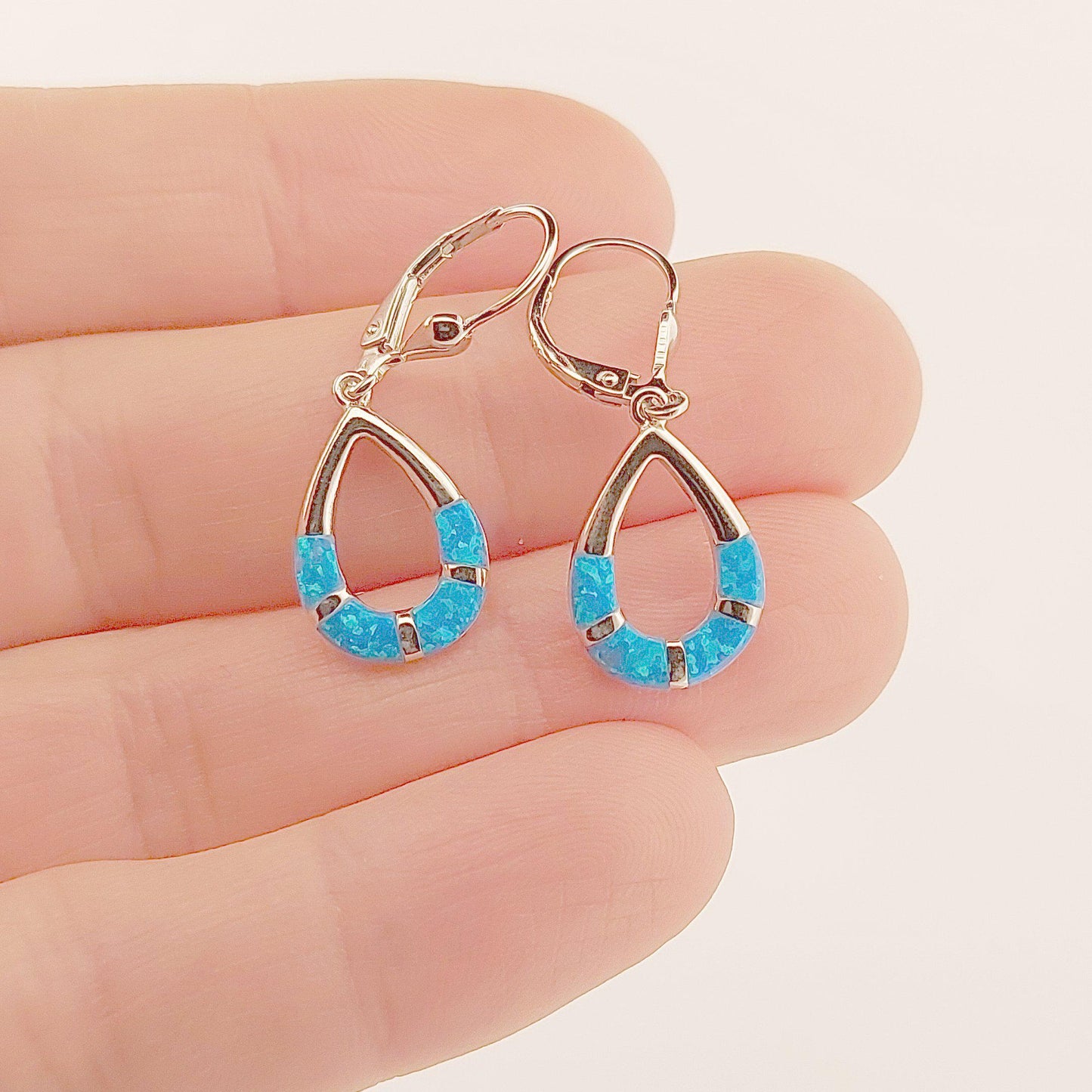 Blue Opal Sterling Silver Drop Earrings: Greek Style Dangle