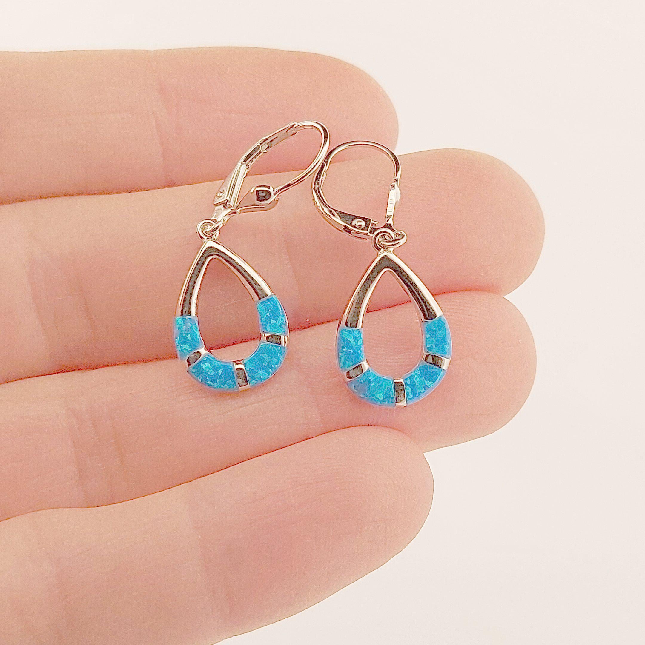 Blue Opal Sterling Silver Drop Earrings: Greek Style Dangle
