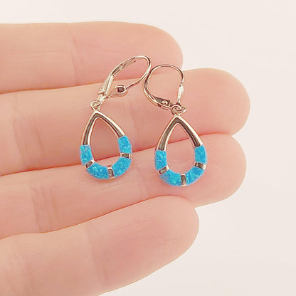 Blue Opal Sterling Silver Drop Earrings: Greek Style Dangle