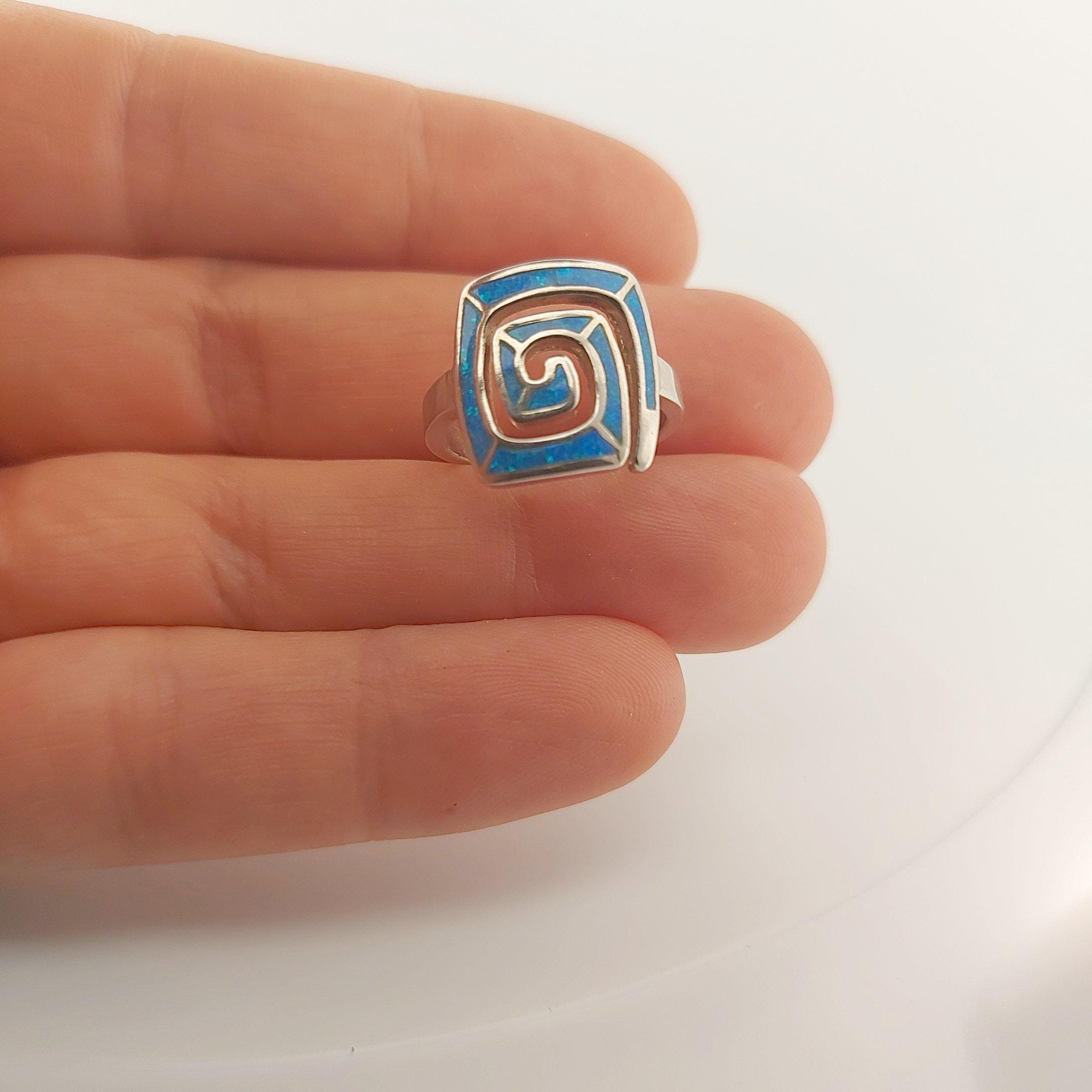 Sterling Silver Blue Opal Ring, Greek Key Meander Design, Rectangle Statement Ring
