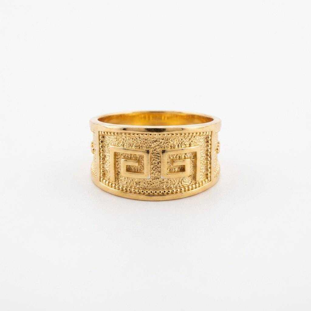 Greek Key Ring – Gold Plated Sterling Silver Wide Band Byzantine Meander Jewelry