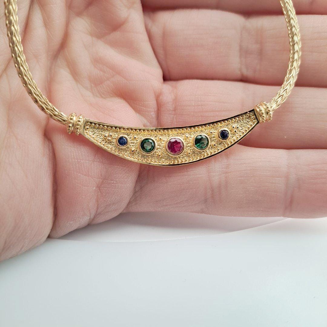 Byzantine Necklace – Gold Plated Multicolor Gemstone Necklace with Greek Key Design