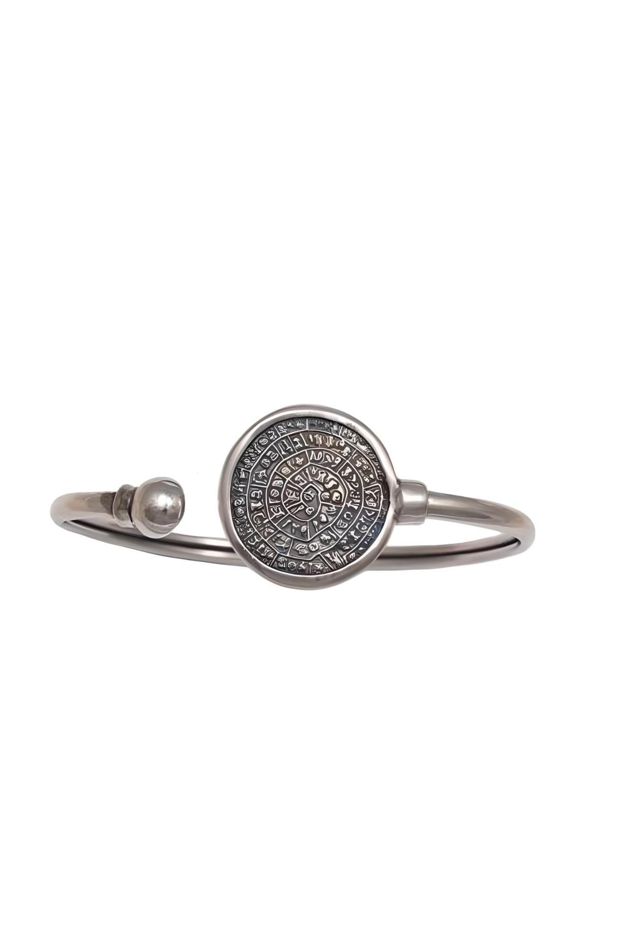 Sterling Silver Phaistos Disc Bracelet: Ancient Minoan Design