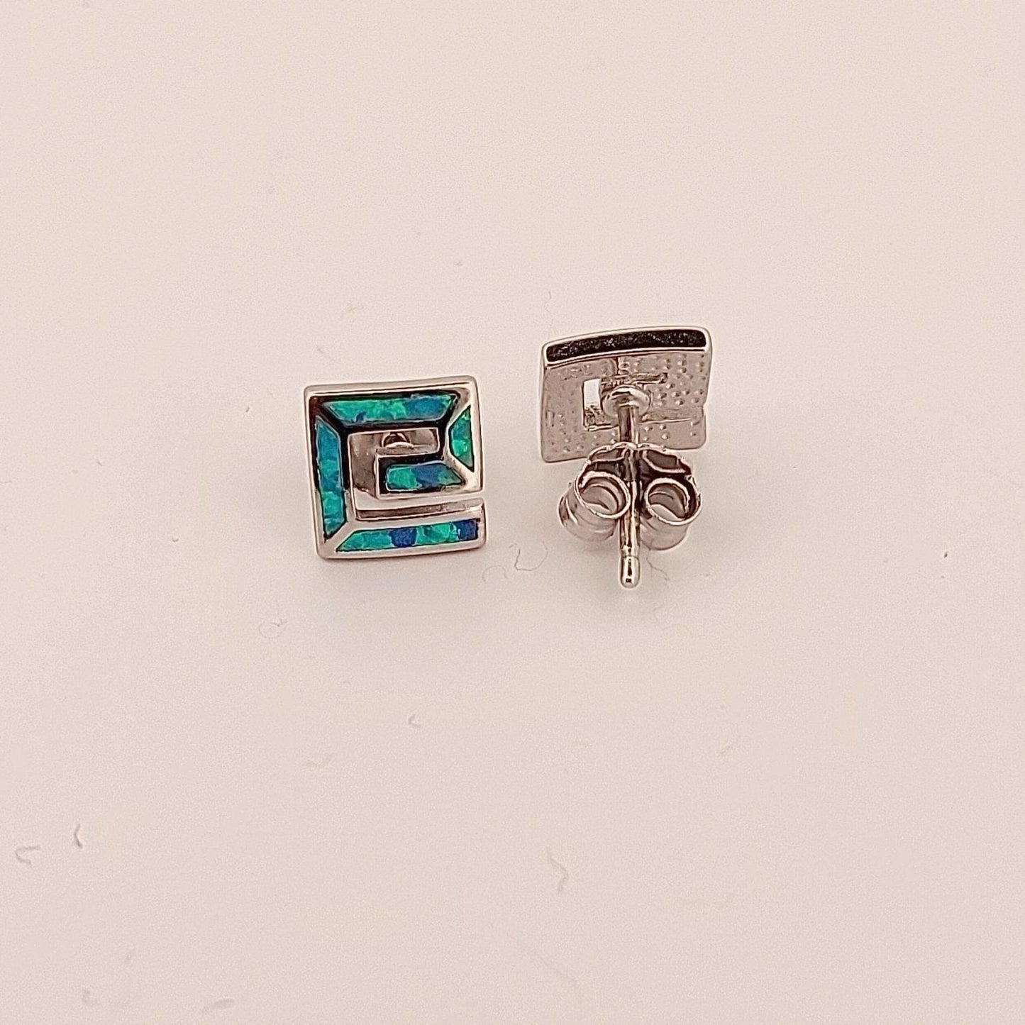 Blue Opal Greek Key Sterling Silver Stud Earrings