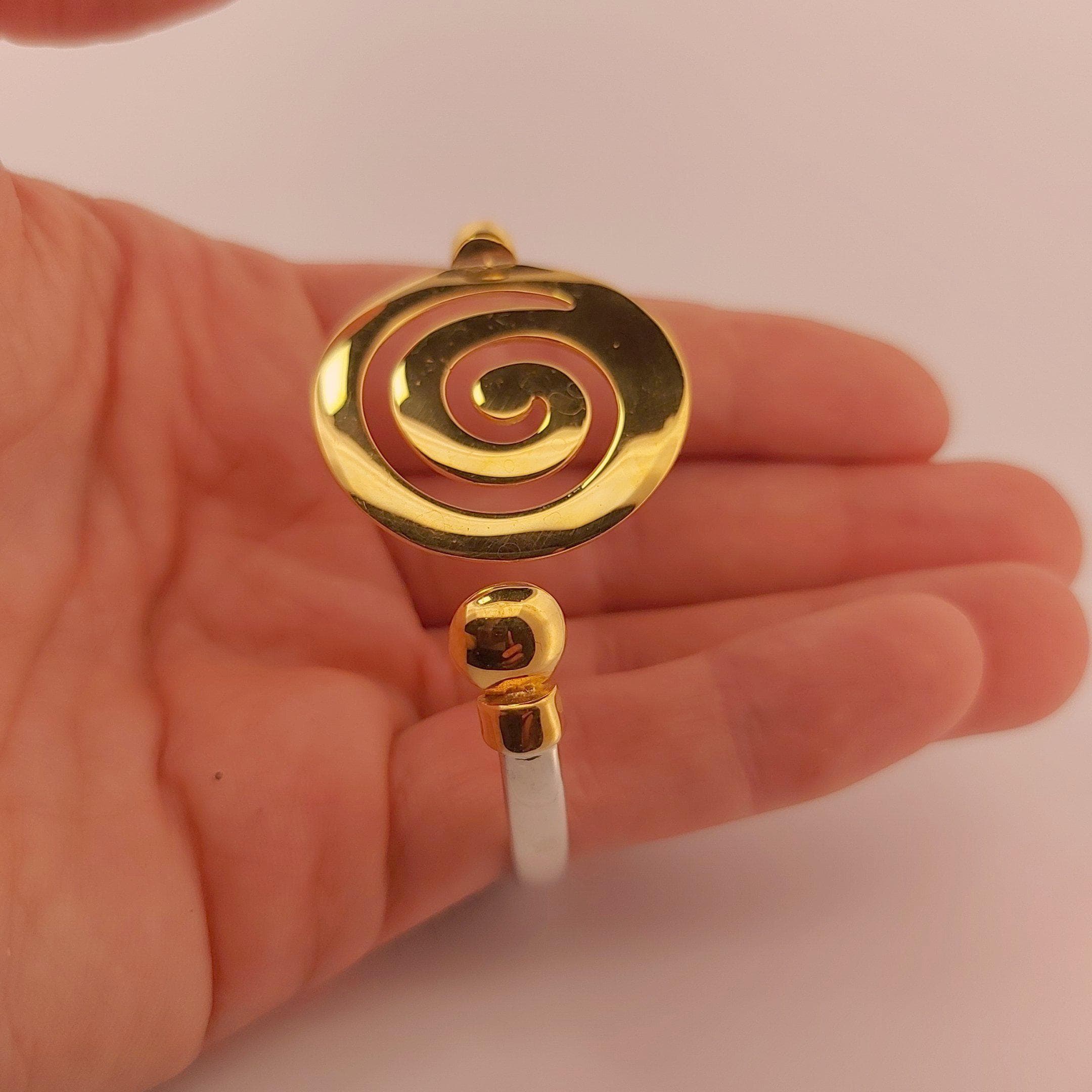 Gold Plated Spiral Bangle Bracelet: Greek Key Meander Design