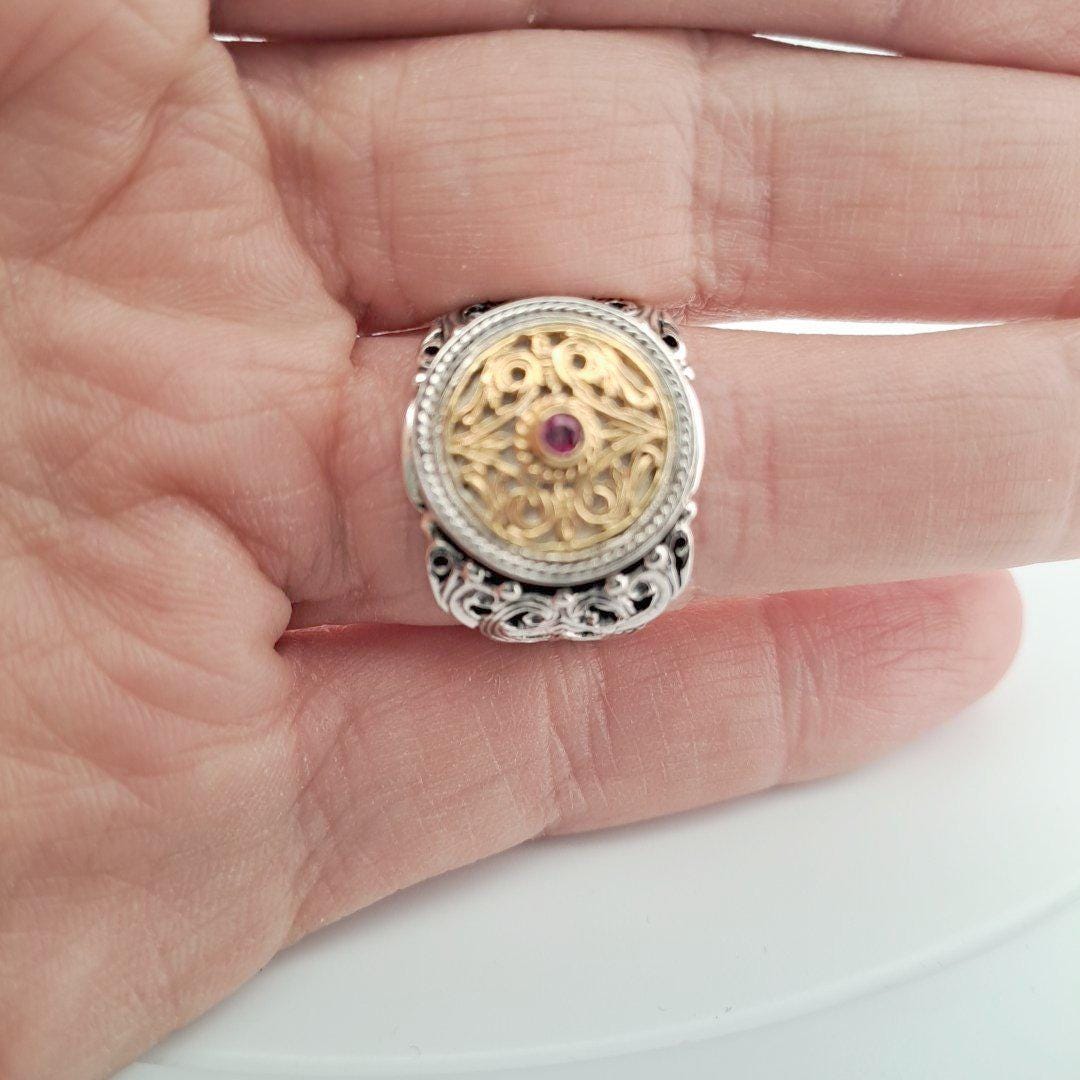 Byzantine Ruby Ring – Gold Plated Sterling Silver Band With Medieval Filigree