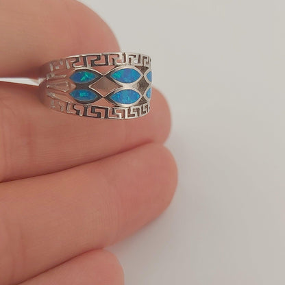 Blue Opal Ring Marquise Pattern, Sterling Silver Greek Key Meander Design
