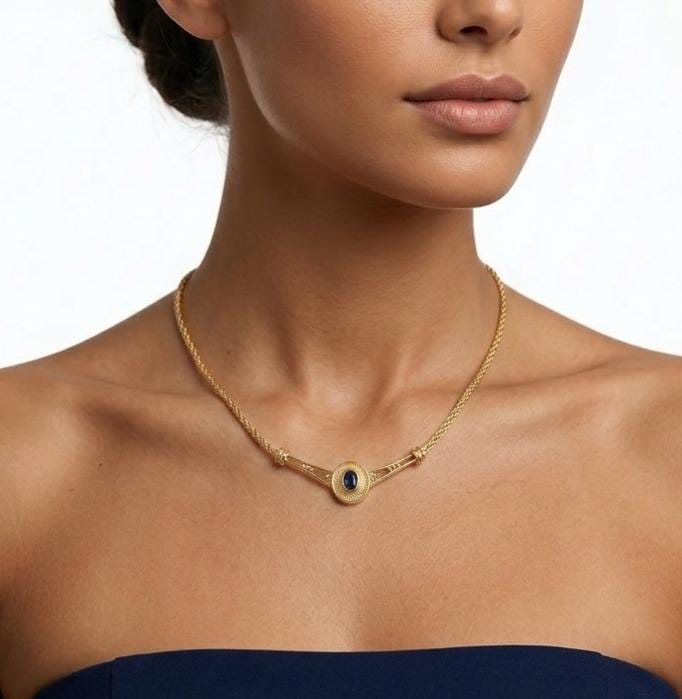 Gold Plated Byzantine Necklace – Blue Oval Gemstone Woven Chain, Antique Inspired Jewelry