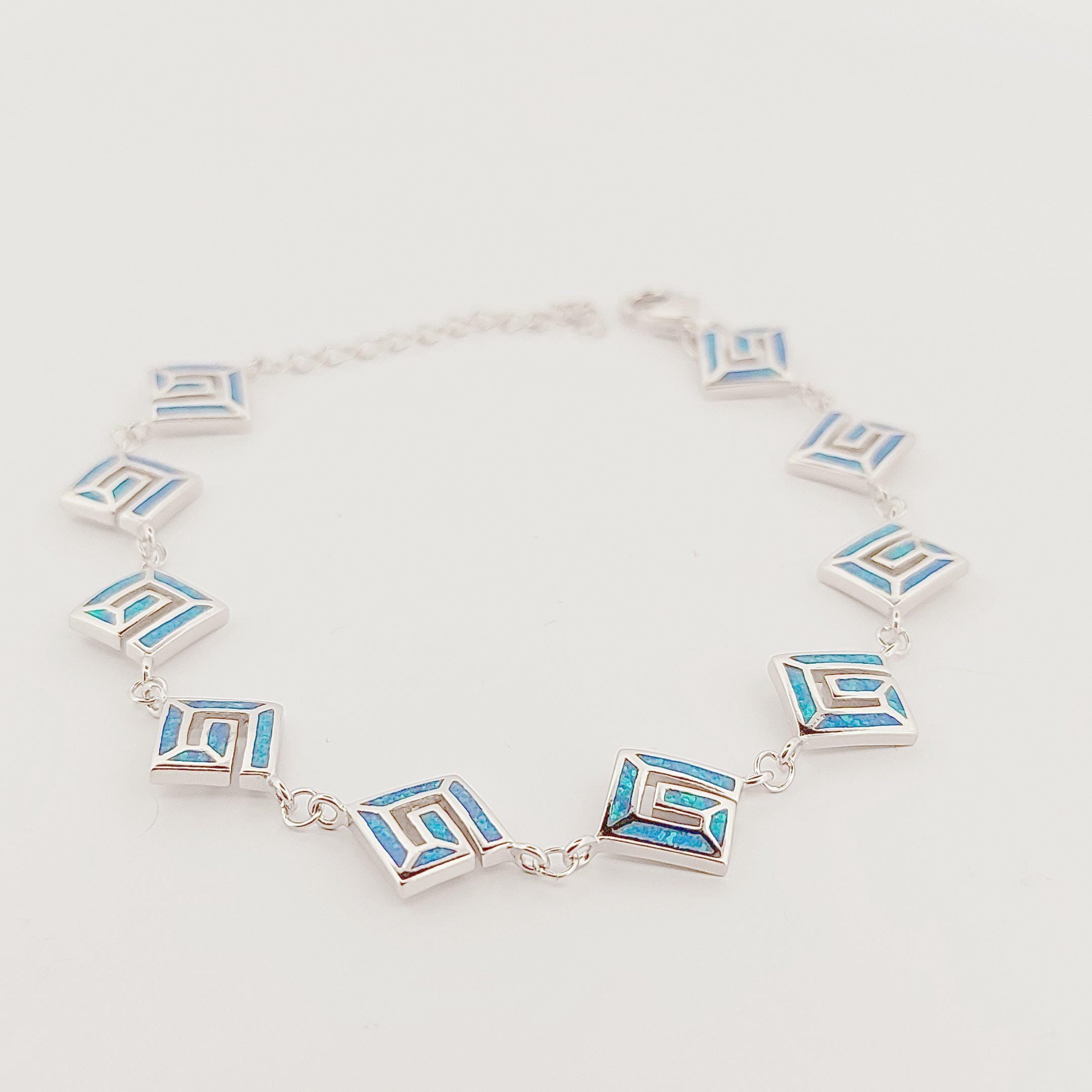 Greek Key Blue Opal Sterling Silver Bracelet, Meander Design, 925 Silver
