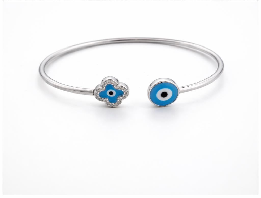 Evil Eye Bangle – Silver Open Cuff Bracelet with Blue Enamel & Zirconia Charm