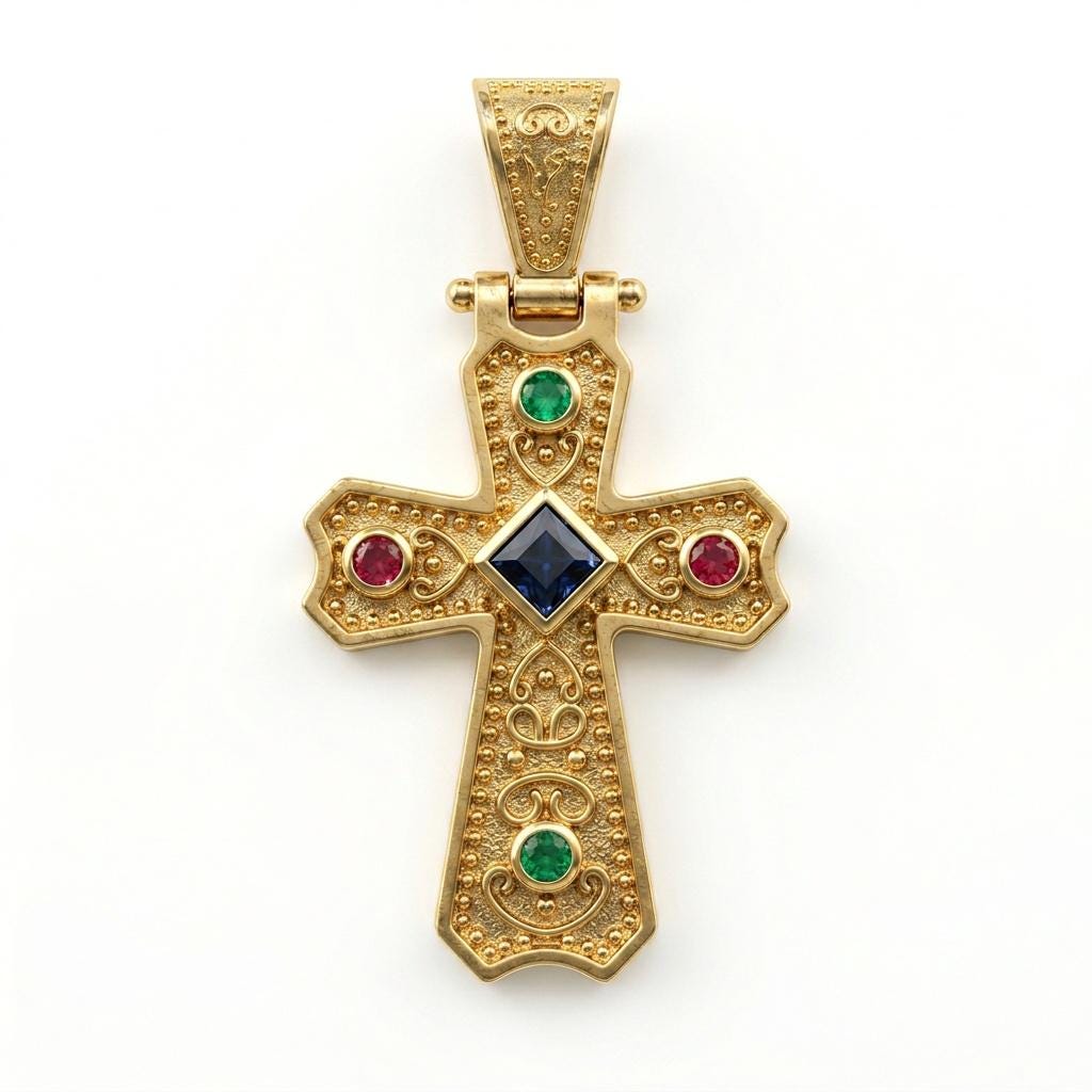 Gold Plated Cross Pendant – Byzantine Cross Jewelry with Blue Gemstone & Antique Style
