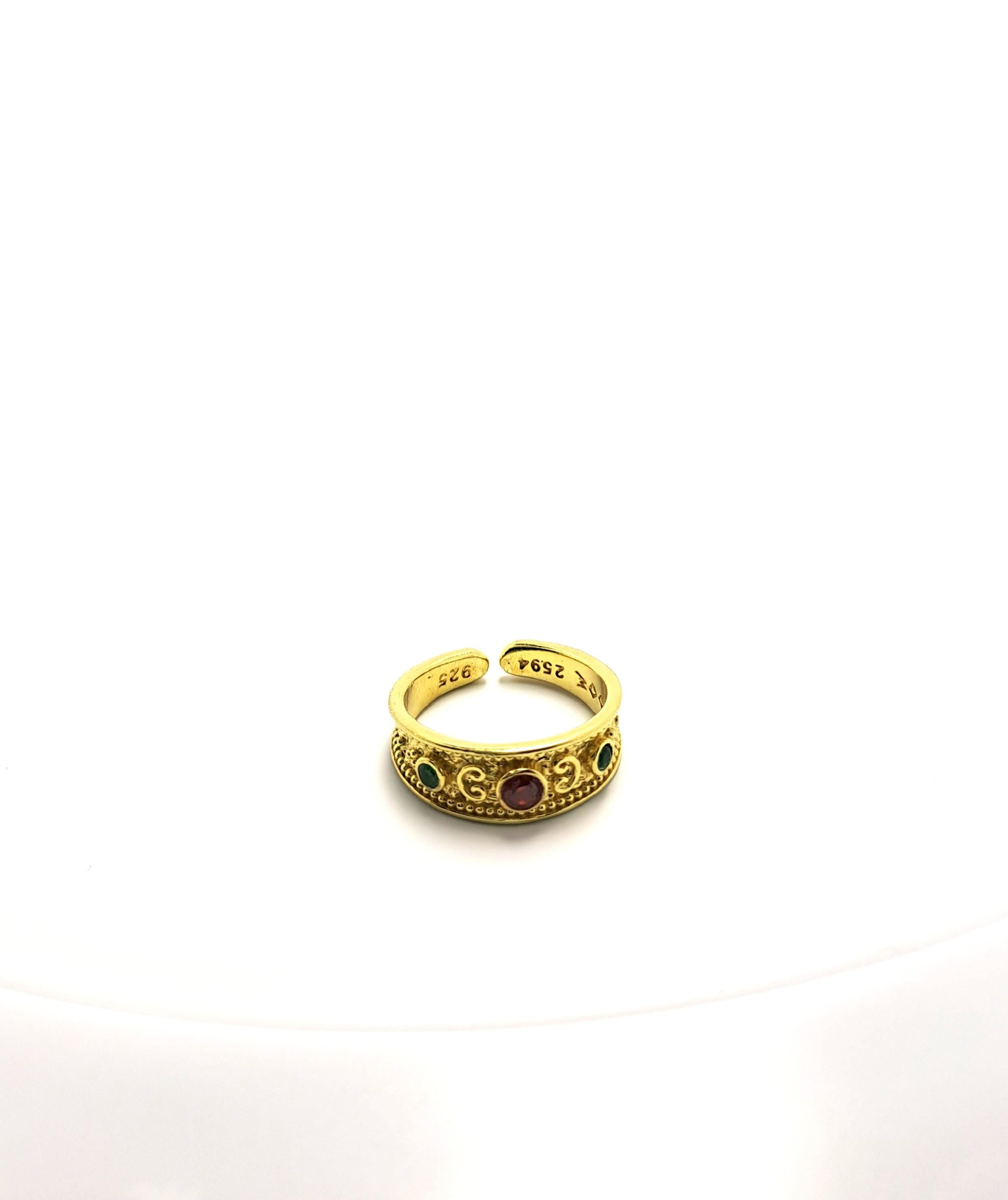 Byzantine Filigree Ring – Gold Statement Band with Red & Green Zircon Jewelry