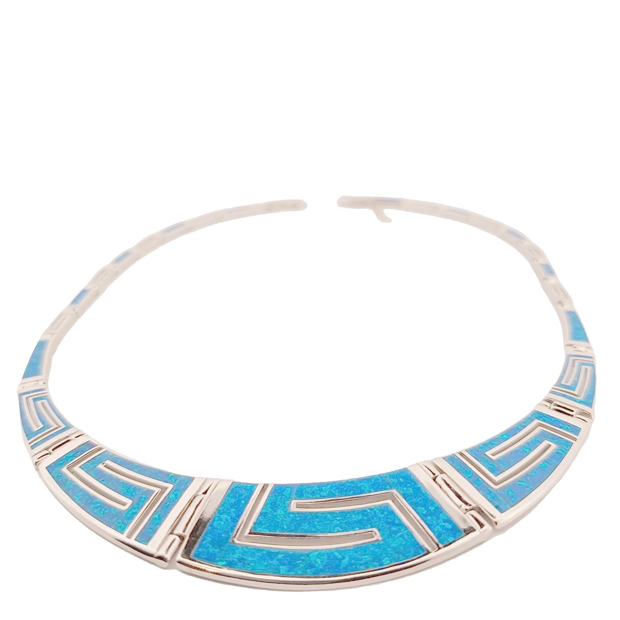 Sterling Silver Blue Opal Necklace, Greek Key Meander Design 925 Silver