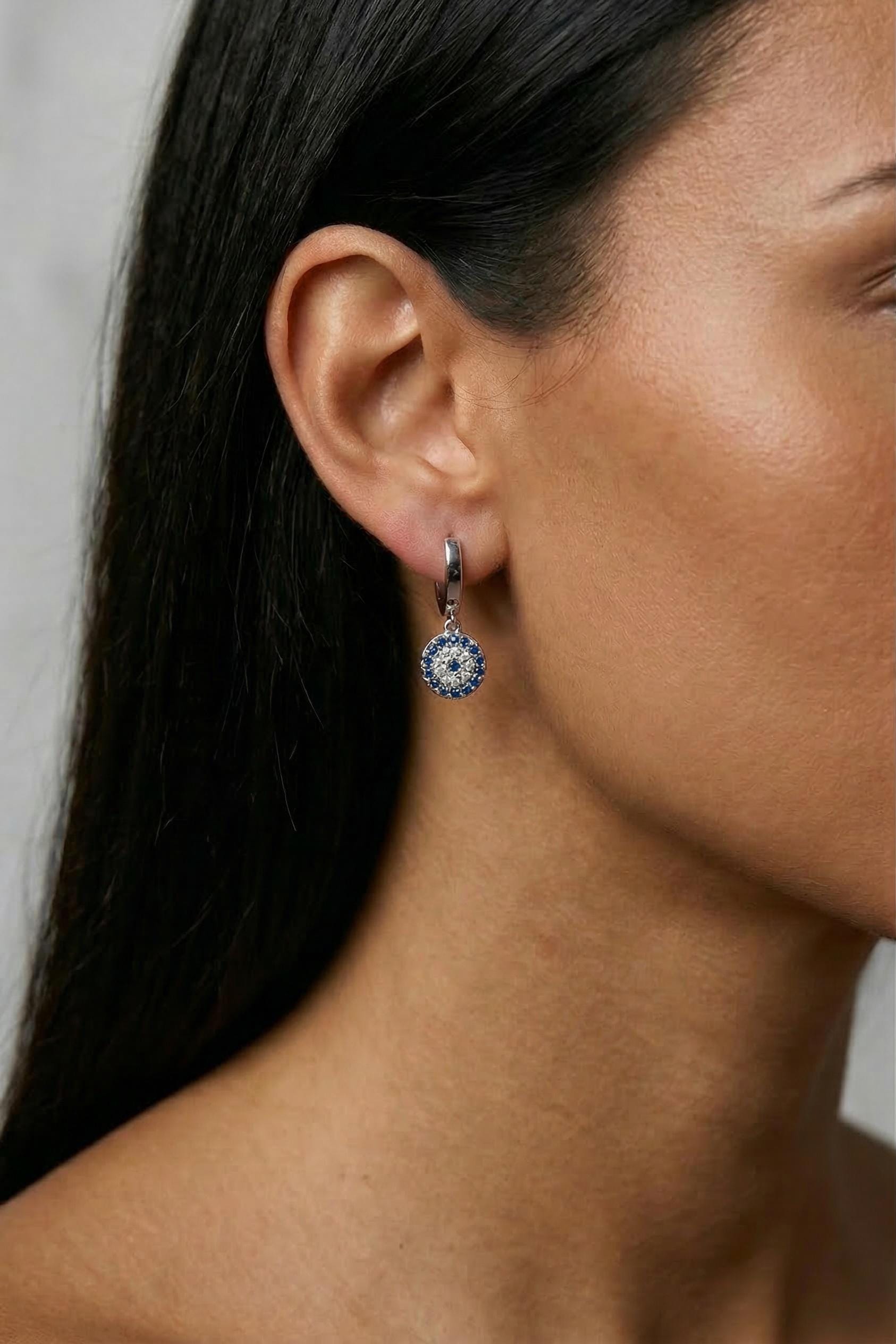 Evil Eye Hoop Earrings Sterling Silver With Blue White Zirconia Charm Hoops