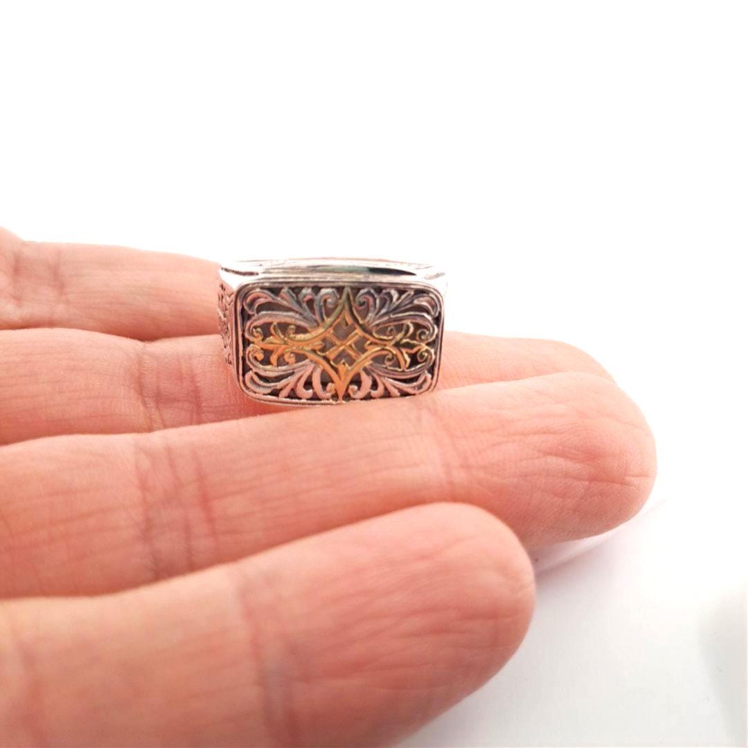 Byzantine Silver Ring – Gold Plated Band With Ornate Cross And Scrollwork Design