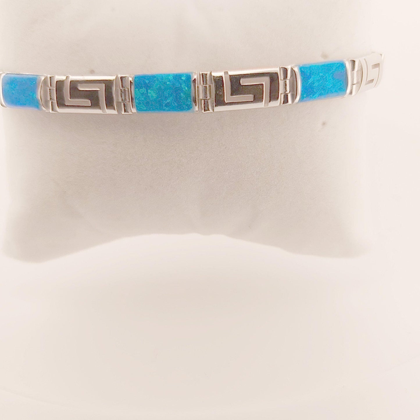 Sterling Silver Blue Opal Link Bracelet, Greek Key Meander Design