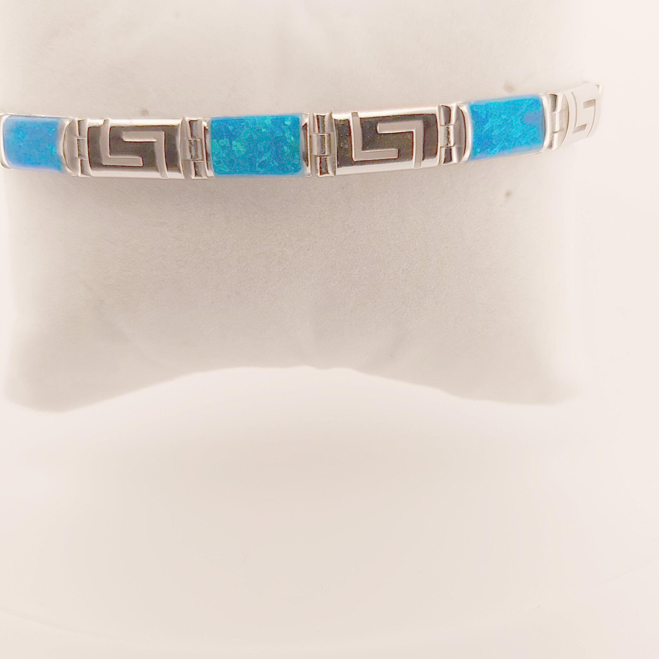 Sterling Silver Blue Opal Link Bracelet, Greek Key Meander Design