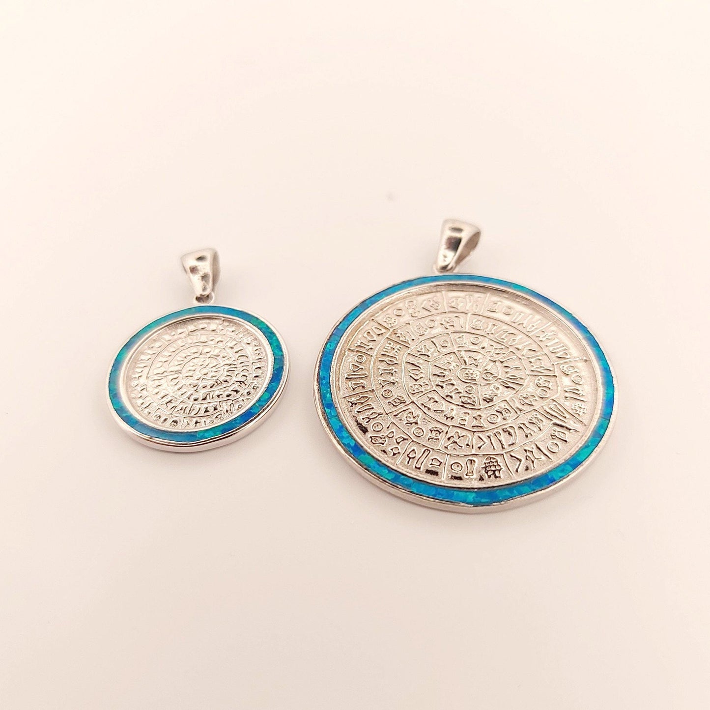 Sterling Silver Phaistos Disc Pendant: Blue Opal Inlay, Ancient Greek Design