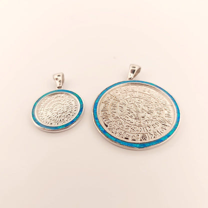 Sterling Silver Phaistos Disc Pendant: Blue Opal Inlay, Ancient Greek Design