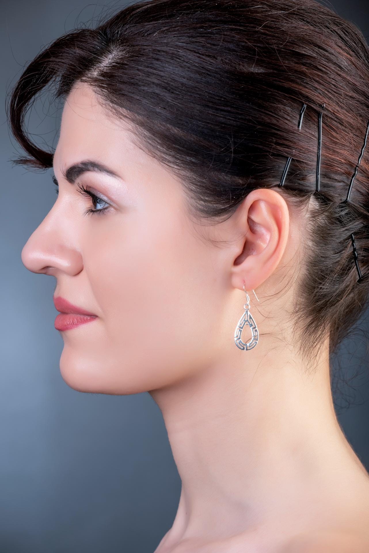 Sterling Silver Greek Key Teardrop Earrings: Elegant Dangle Design