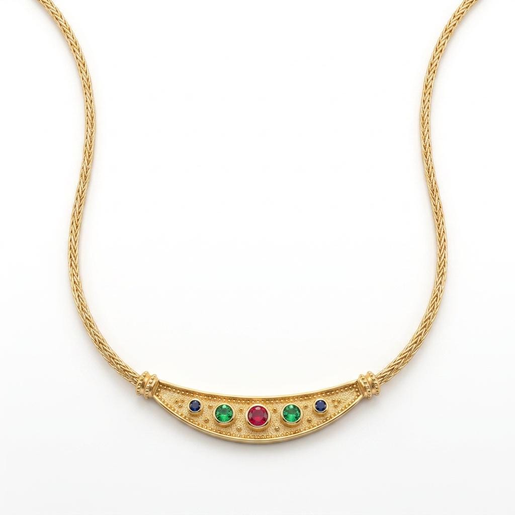 Byzantine Necklace – Gold Plated Multicolor Gemstone Necklace with Greek Key Design