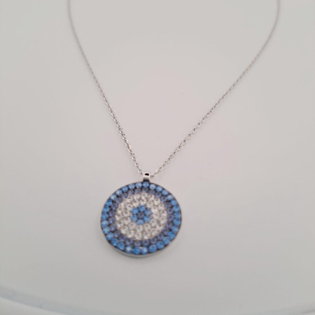 Evil Eye Pendant Necklace – Silver Round Pendant with Blue Zirconia Charm