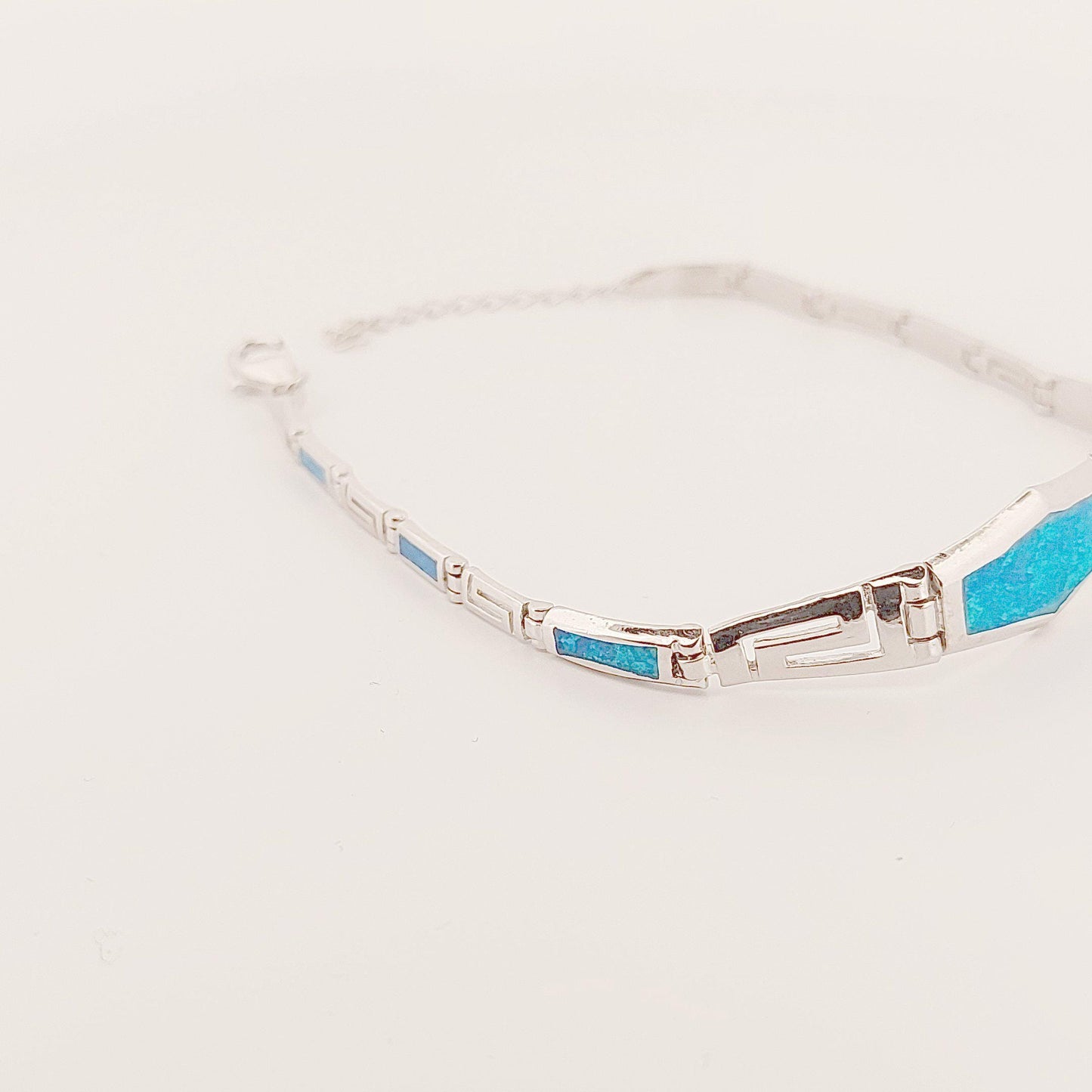Sterling Silver Blue Opal Link Bracelet with Greek key Meander, Greek-Inspired Design