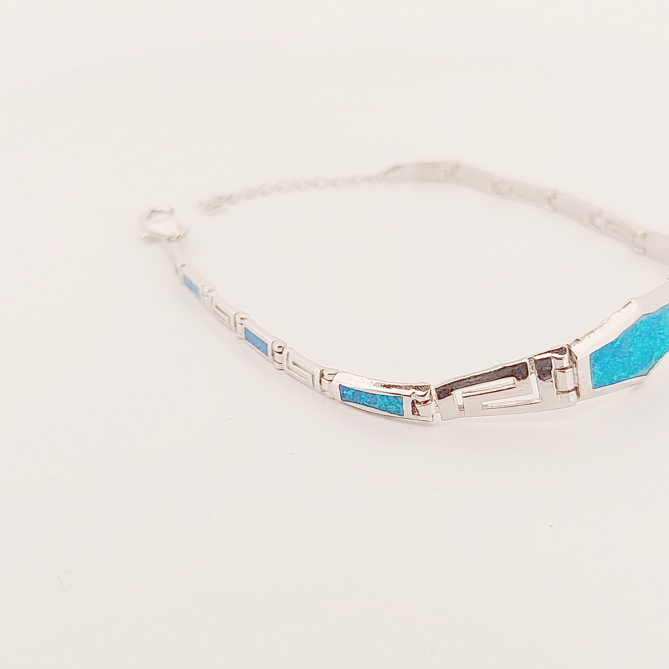 Sterling Silver Blue Opal Link Bracelet with Greek key Meander, Greek-Inspired Design