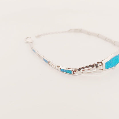Sterling Silver Blue Opal Link Bracelet with Greek key Meander, Greek-Inspired Design