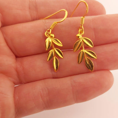Olive Leaf Dangle Earrings, Gold Plated Greek Design, Ancient Style