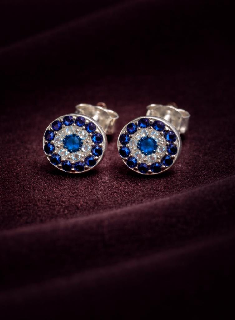 Evil Eye Stud Earrings - Blue Zirconia, Silver Tone, Sapphire Halo Protection Jewelry