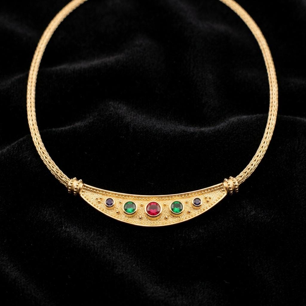 Byzantine Necklace – Gold Plated Multicolor Gemstone Necklace with Greek Key Design