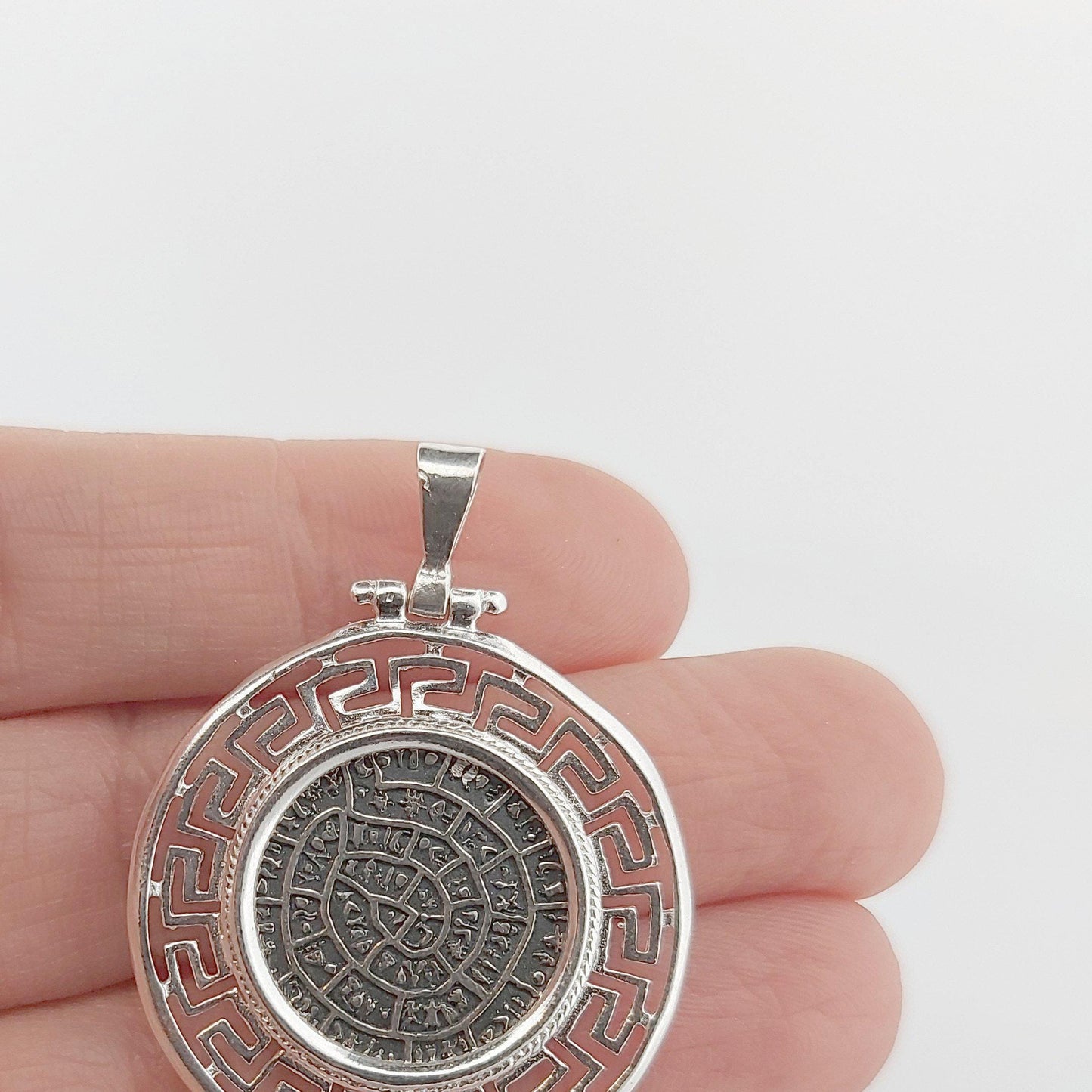 Sterling Silver Phaistos Disc Necklace: Ancient Minoan Symbol