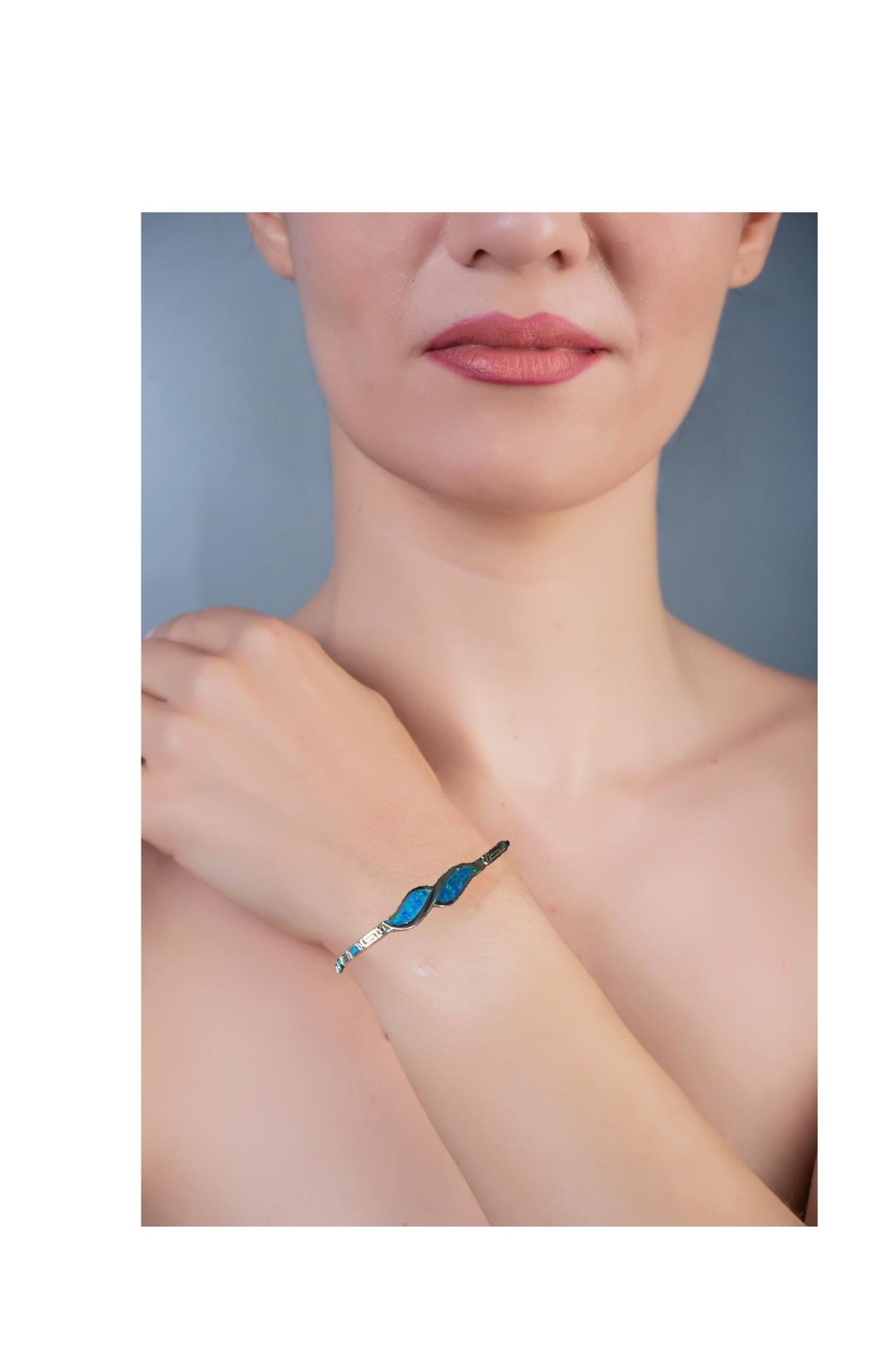Blue Opal Leaf Greek Key Bracelet, Sterling Silver 925, Meander Design Bracelet