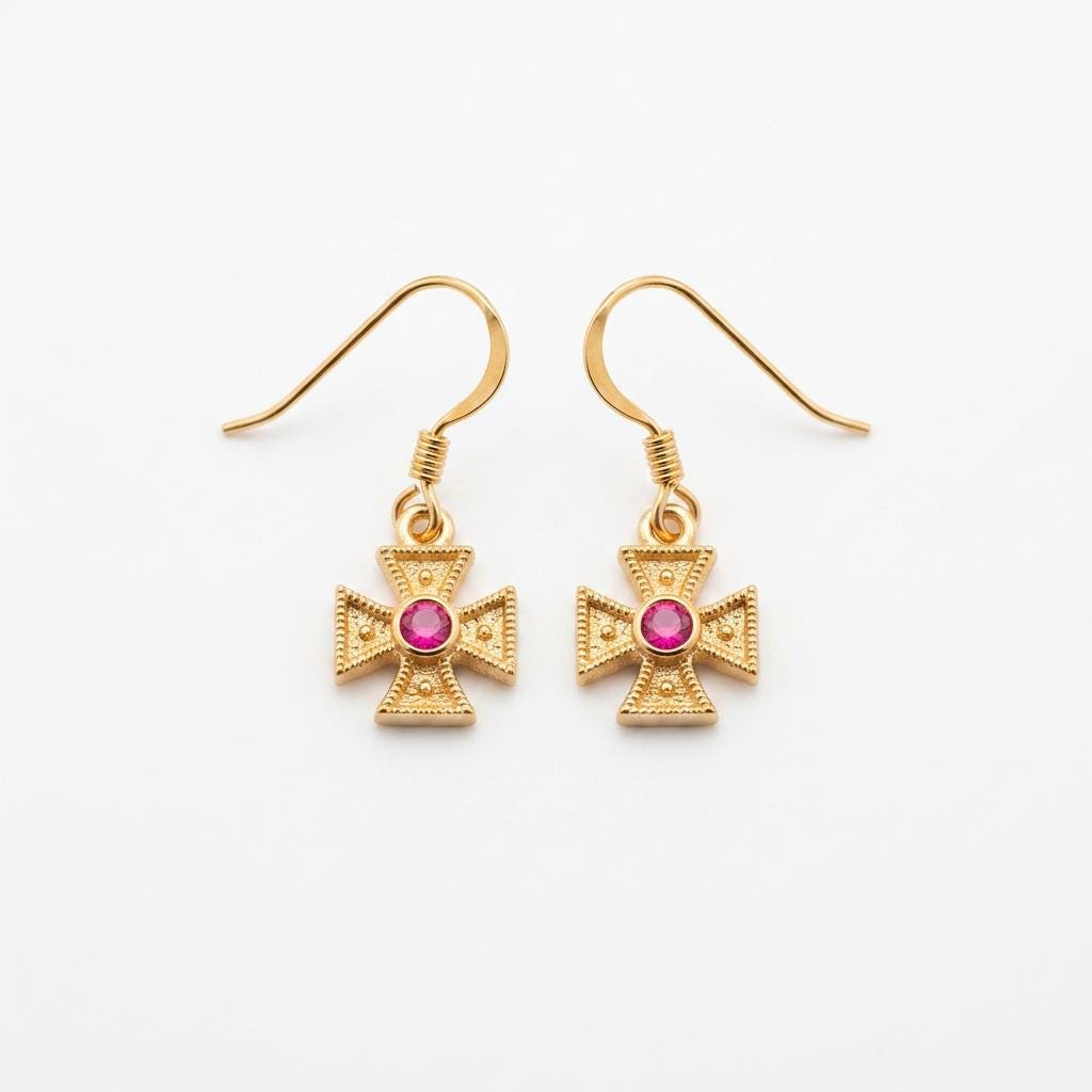 Byzantine Cross Earrings – Gold Plated Drop Earrings with Synthetic Gemstone