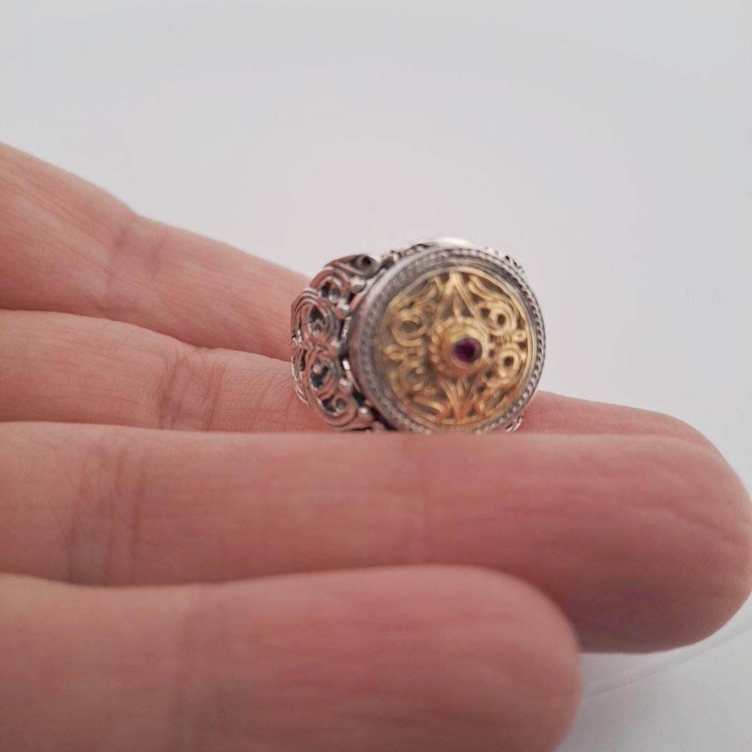 Byzantine Ruby Ring – Gold Plated Sterling Silver Band With Medieval Filigree