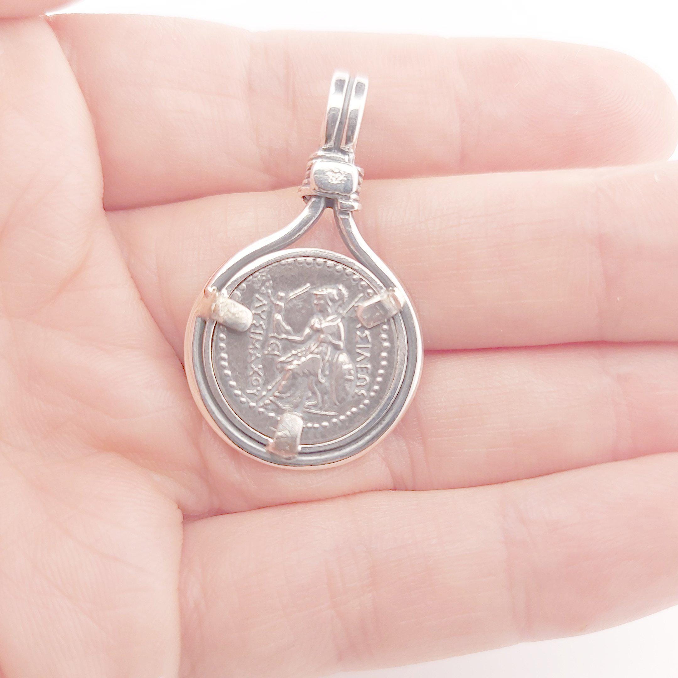 Alexander the Great Ancient Greek Silver Coin Pendant, Sterling Silver Frame Design