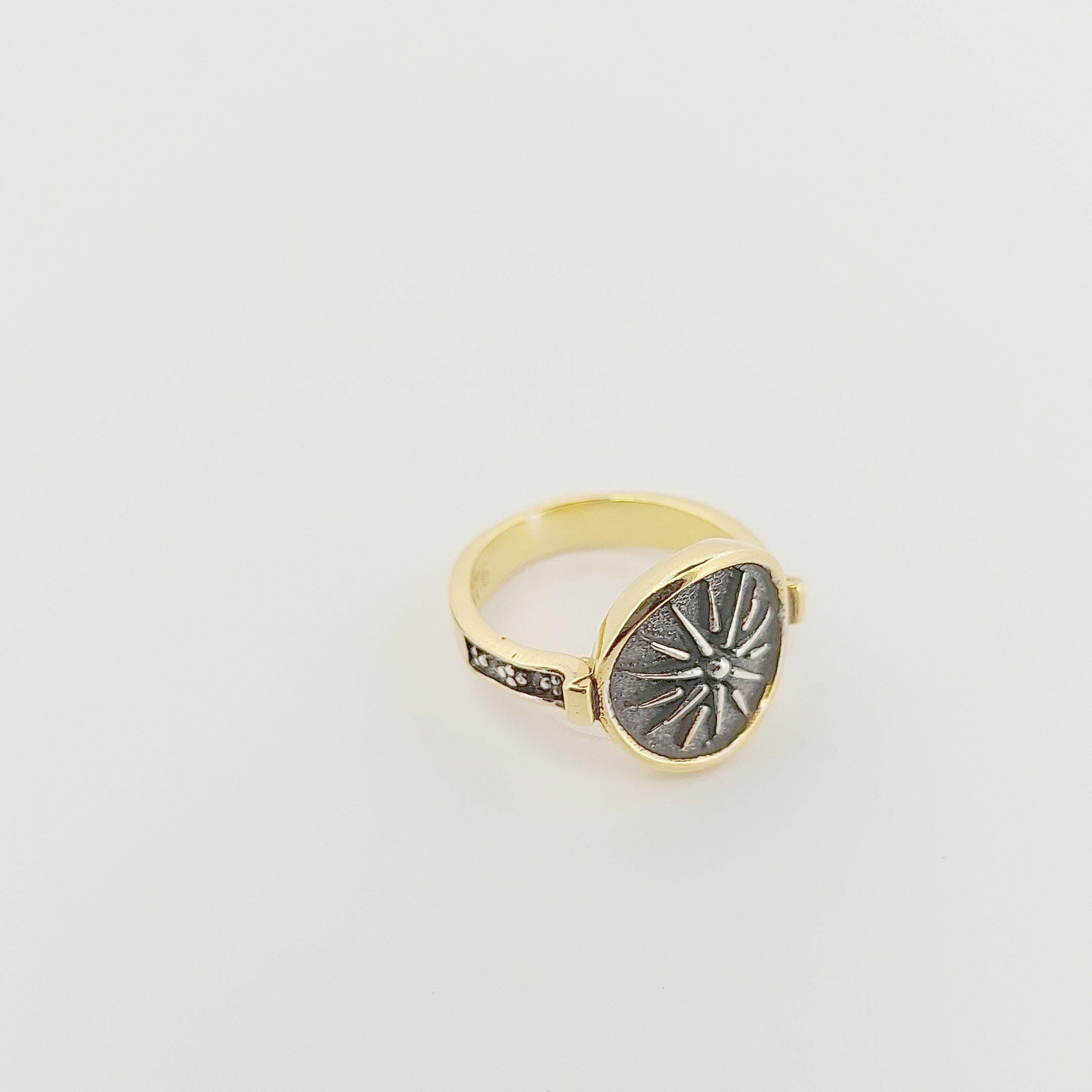 Macedonian Star Signet Ring, Silver Gold Plated, Greek Motif Design