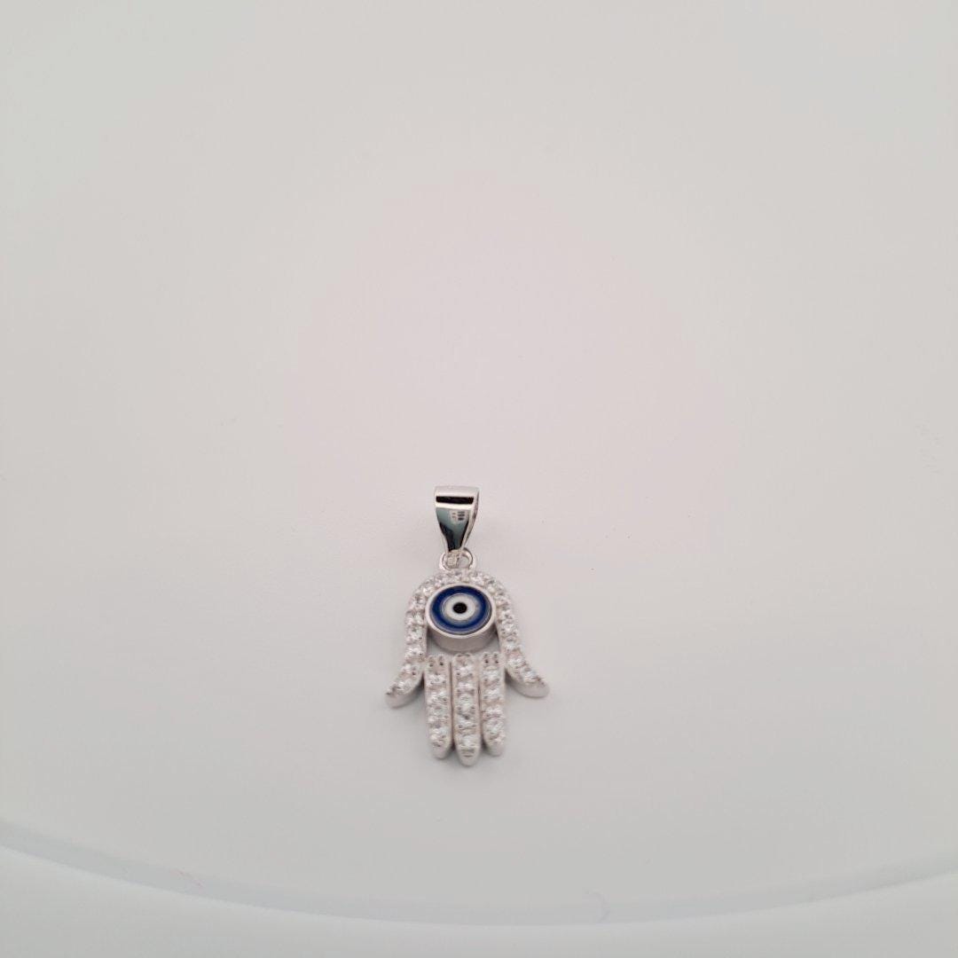 Silver Hamsa Pendant - Blue Evil Eye Necklace with Zirconia Charm, Protection Talisman