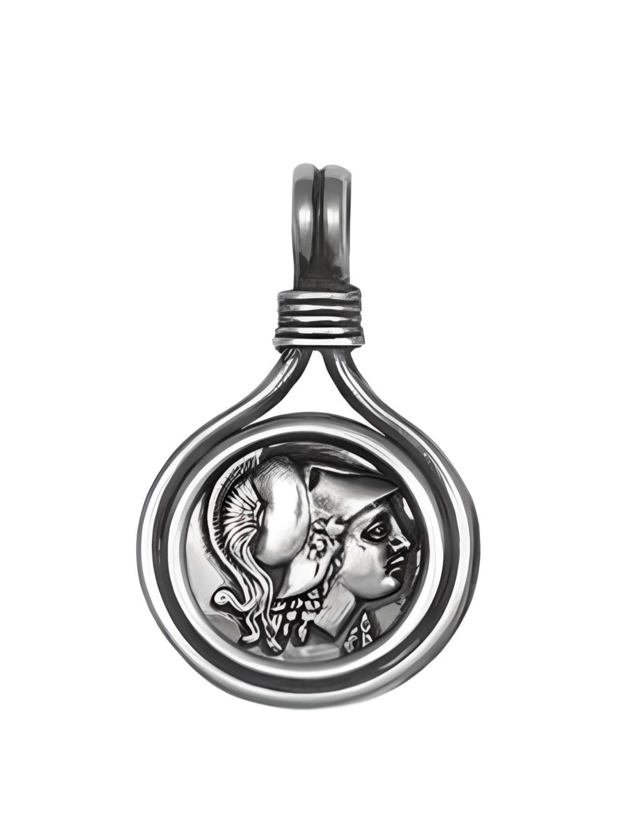 Ancient Greek Athena Silver Pendant, Double-Sided Coin Design, Mythology Jewelry