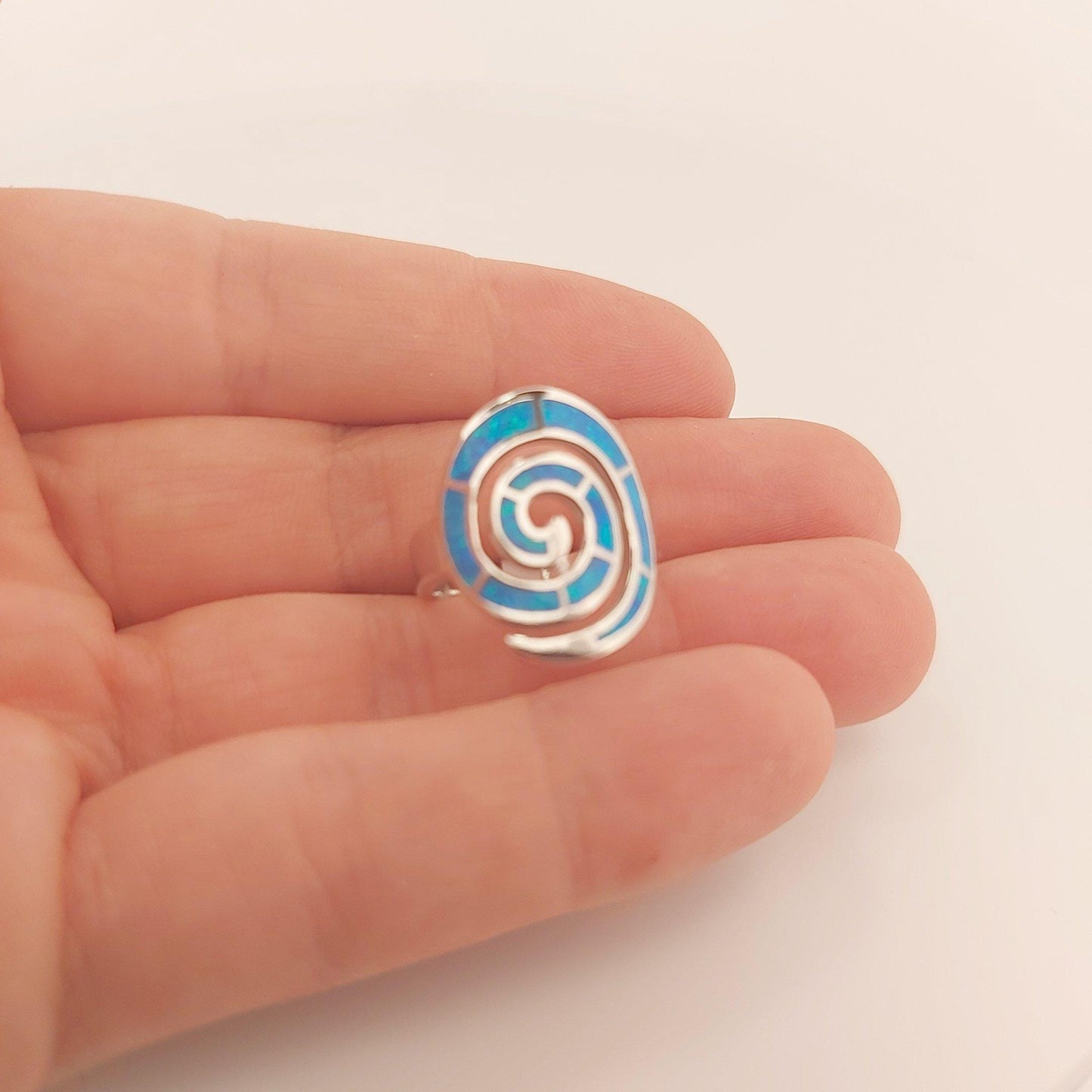 Blue Opal Silver Ring, Greek Key Spiral Design, Statement Ring