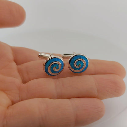 Blue Opal Greek Key Cufflinks, Sterling Silver, Meander Round Design, 925 Silver