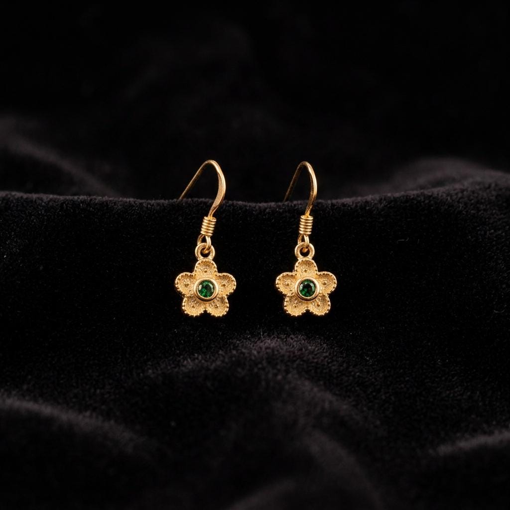 Gold Floral Earrings – Byzantine Style Green Gemstone Drops | Vintage Flower Jewelry