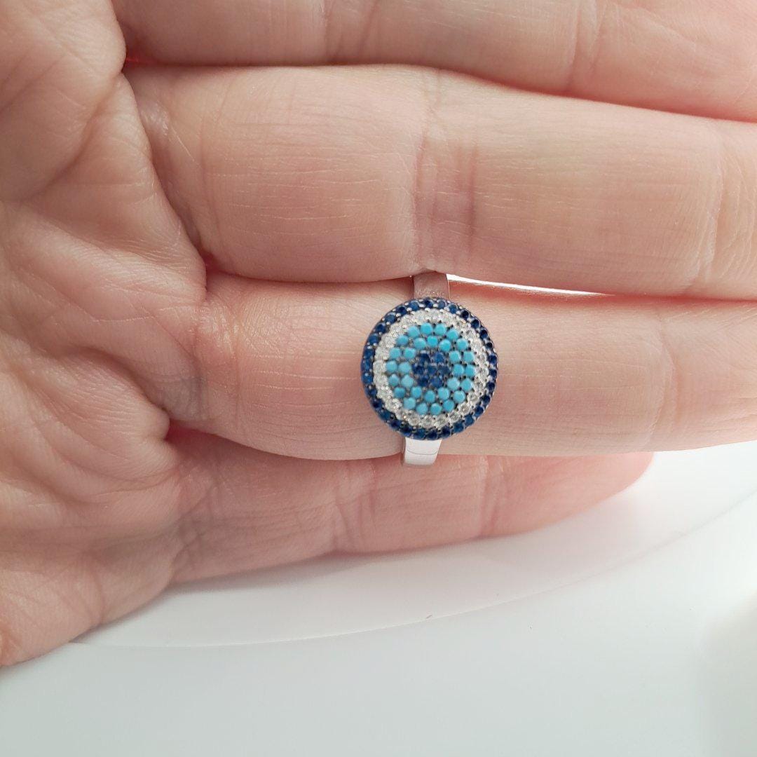 Evil Eye Ring Silver 925 – Blue Zircon Protection Jewelry With Circle Design