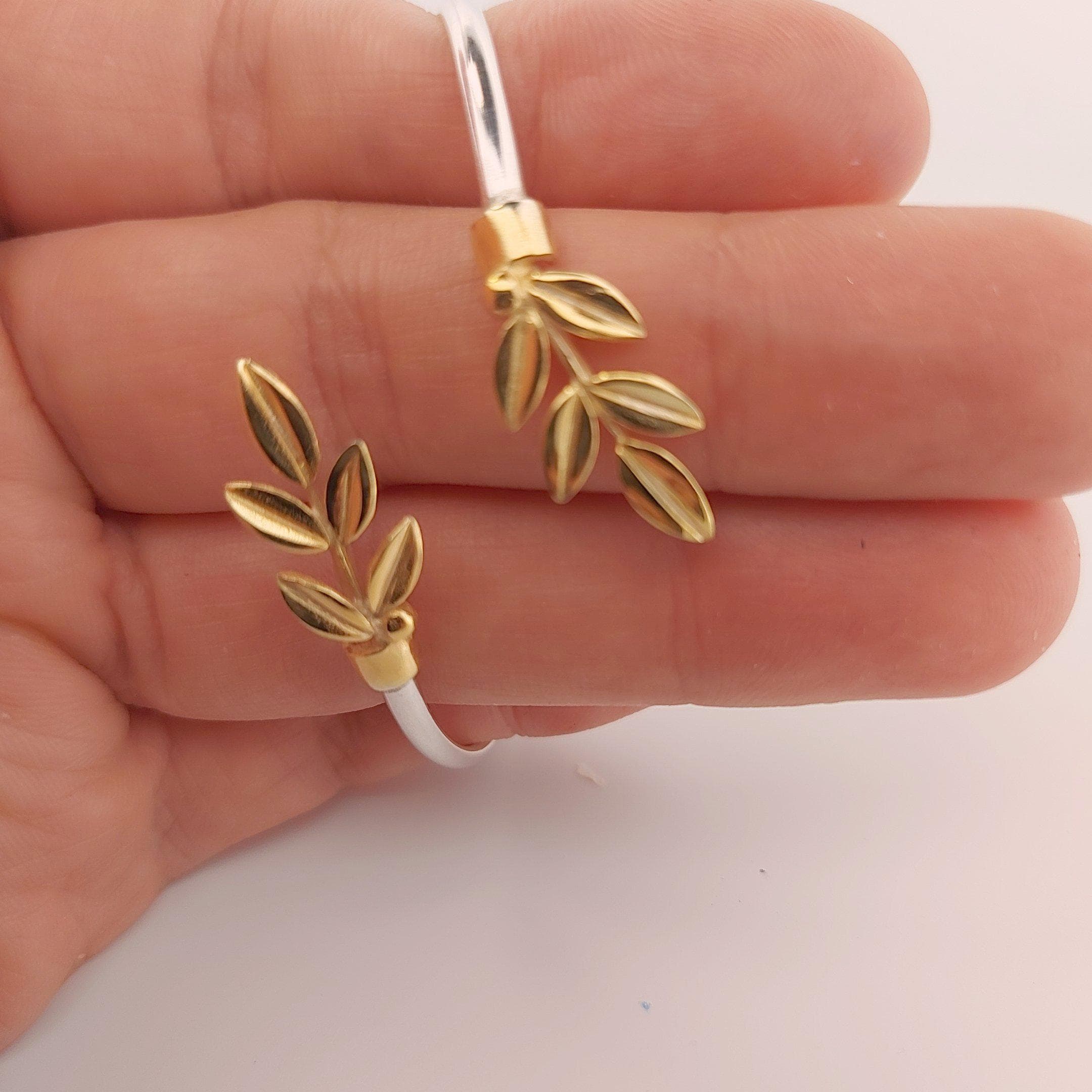 Olive Leaf Bracelet, Silver and Gold Plated Bangle, Greek Inspired Design, Leaf Motif