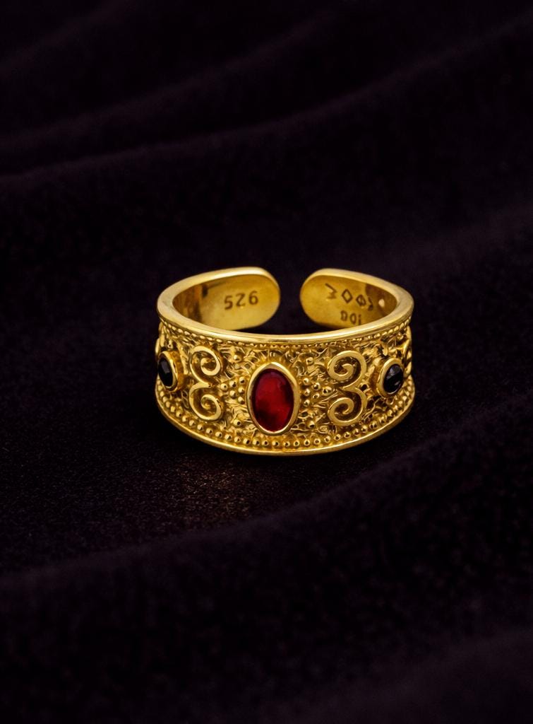 Byzantine Gold Ring – Adjustable Filigree Band With Red Zircon Stone & Green Accents
